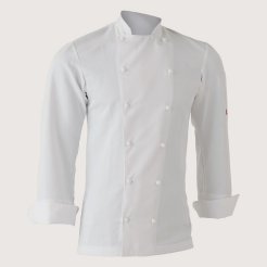 White chef jacket with buttons, featuring an executive oxford design