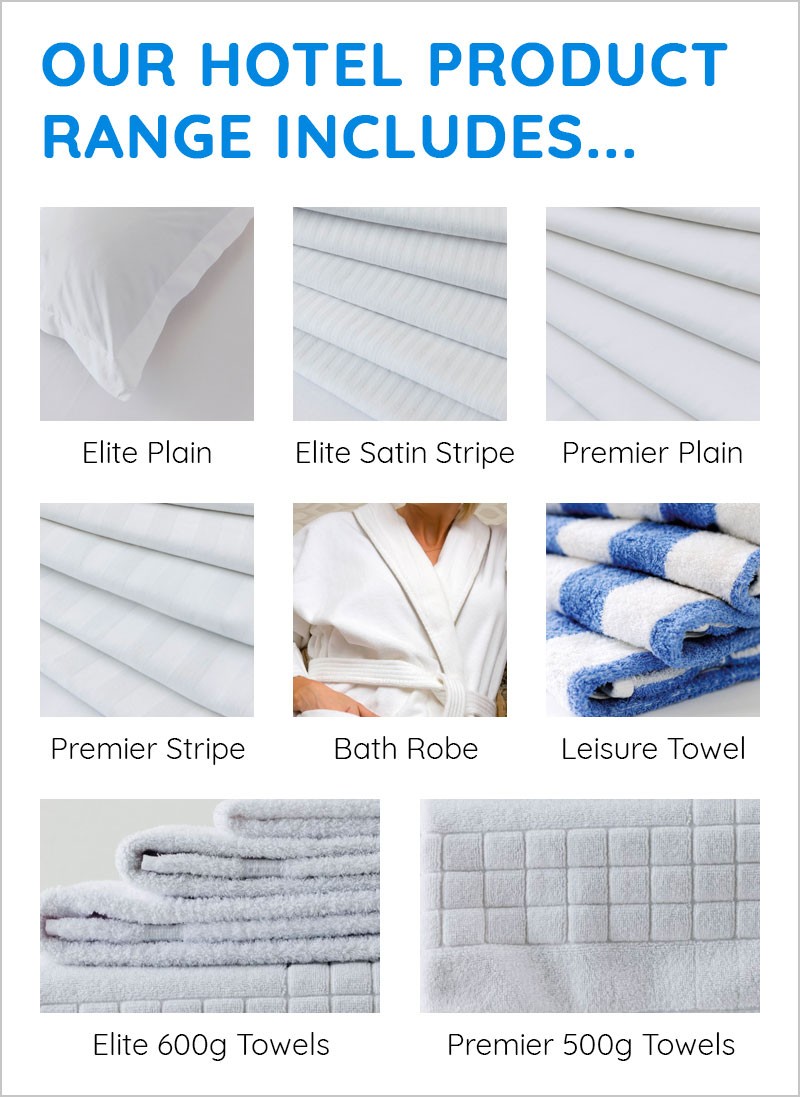 Our hotel product range: towels, bathrobes, bed linen, and more. 